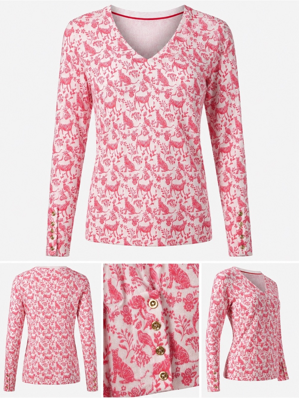 Boden Eldon V-Neck Sweater in Lollipop Daydream Toile Leopard Print Size XS
